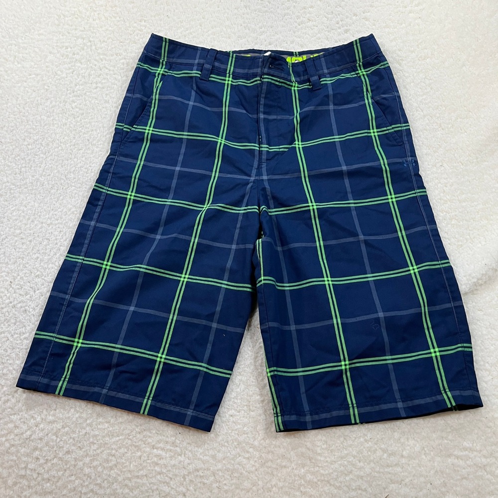 Under Armour Golf Shorts Boys YXL Blue Green Plaid HeatGear 1291672 Loose Fit